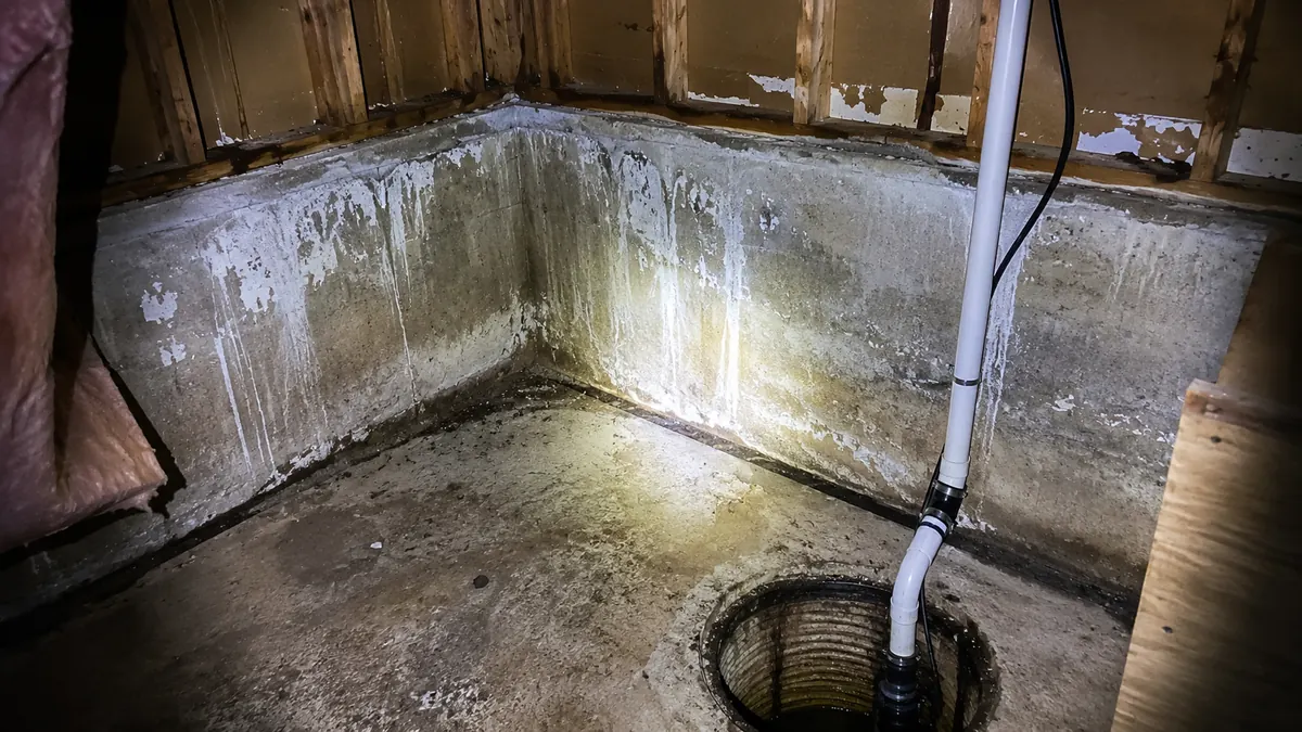 Water-damaged basement corner with peeling paint and efflorescence