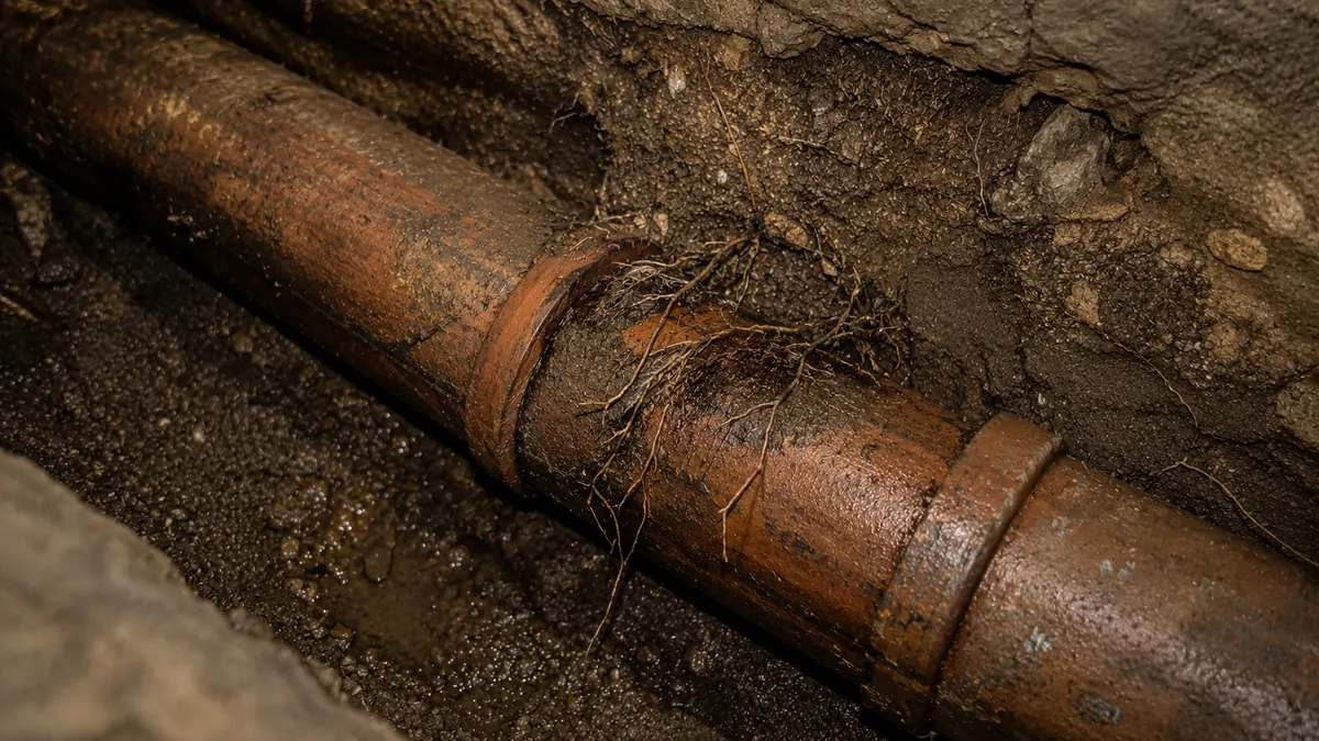 Vitrified clay tile sewer pipe interior with characteristic orange-brown terracotta wall