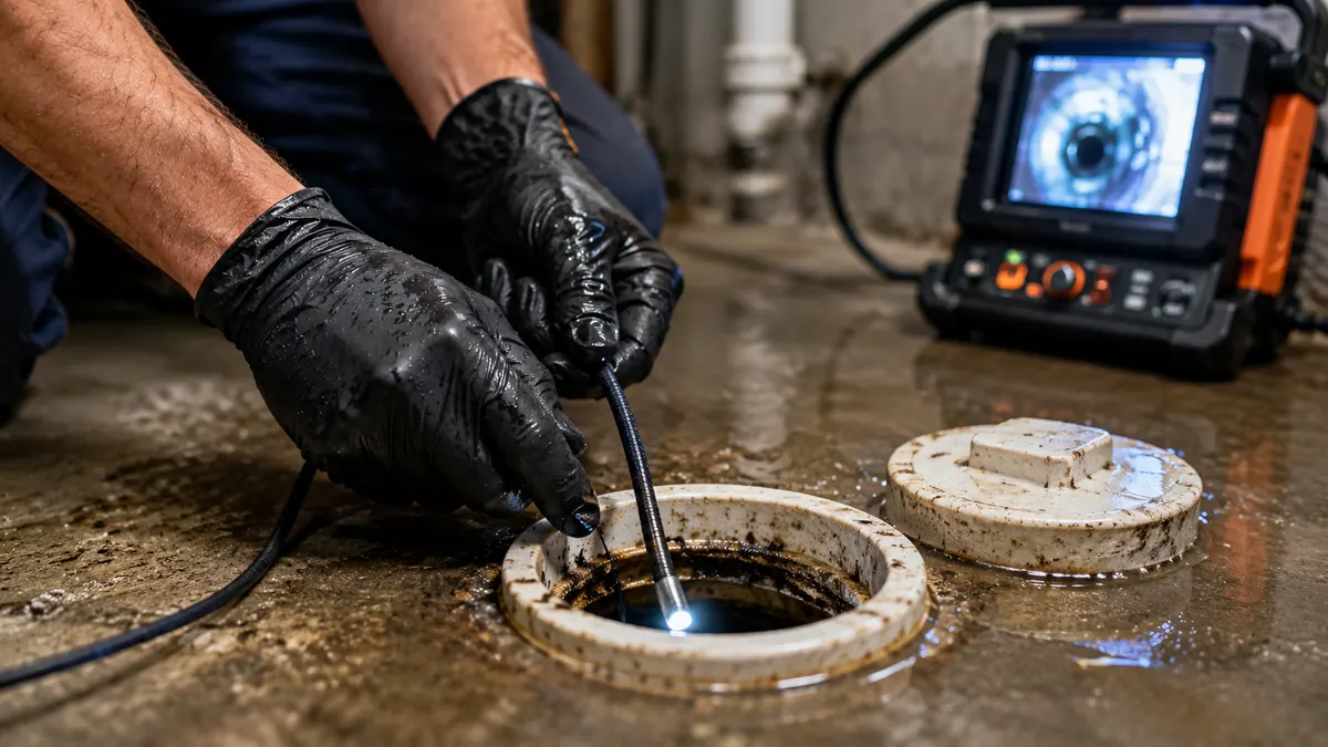SewerScopeMN inspector feeding a fiber-optic scope camera into a Crystal basement cleanout pipe