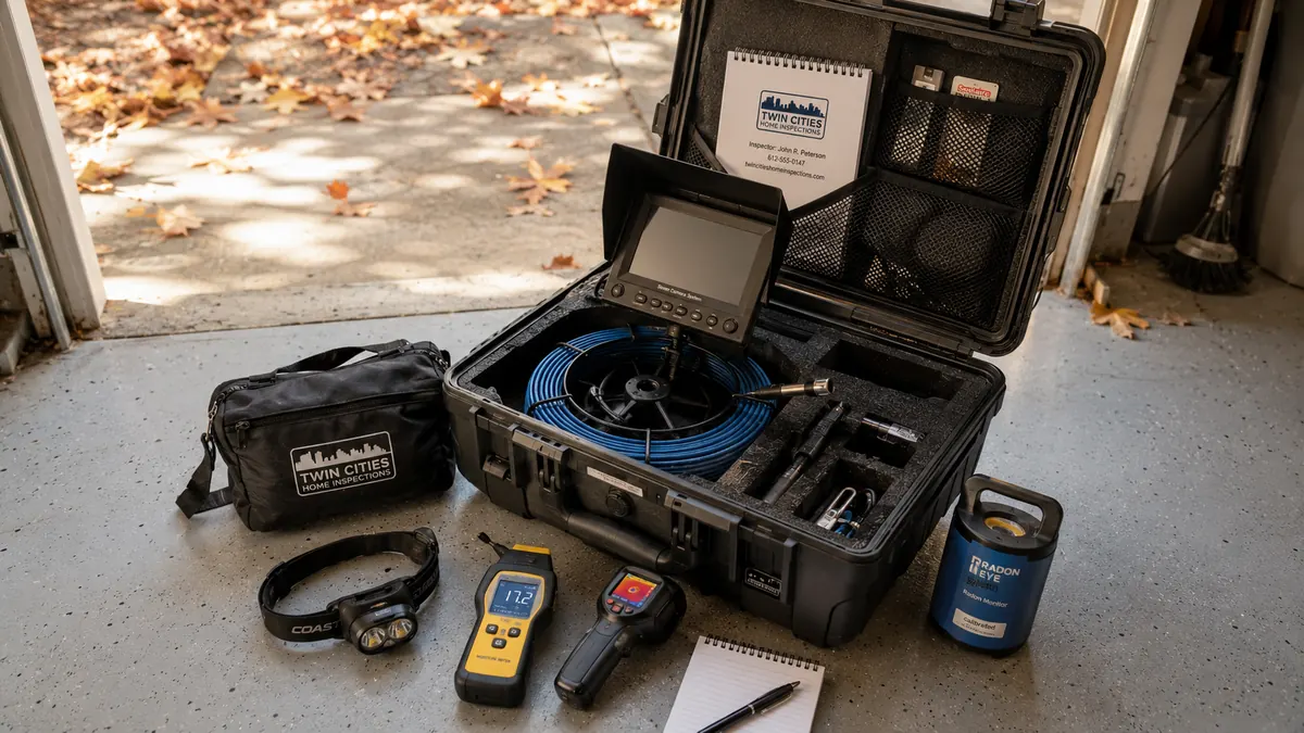 Inspector's full equipment kit laid out on a garage floor